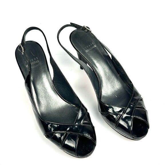Stuart Weitzman Patent Leather Black Platform Pumps Slingback Peep Toe US 8,5 - Picture 4 of 16